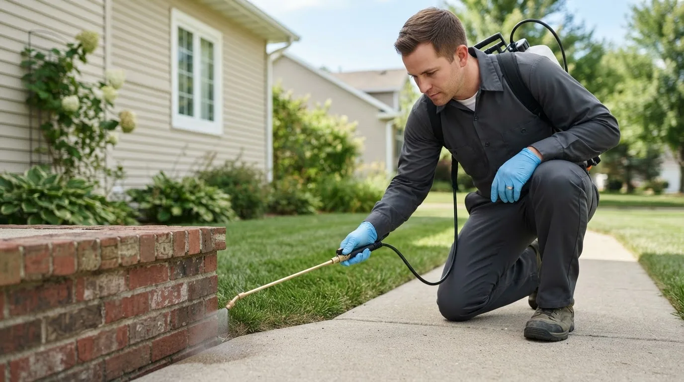 Pest control technician treating a home near Woods Cross, UT